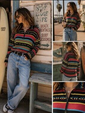Vintage Chaps Sport Stripe Quarter Zip Pullover Western Boho Top
